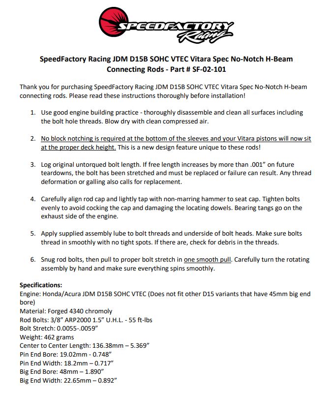 SpeedFactory Racing JDM D15B SOHC VTEC Vitara Spec No-Notch Connecting Rods